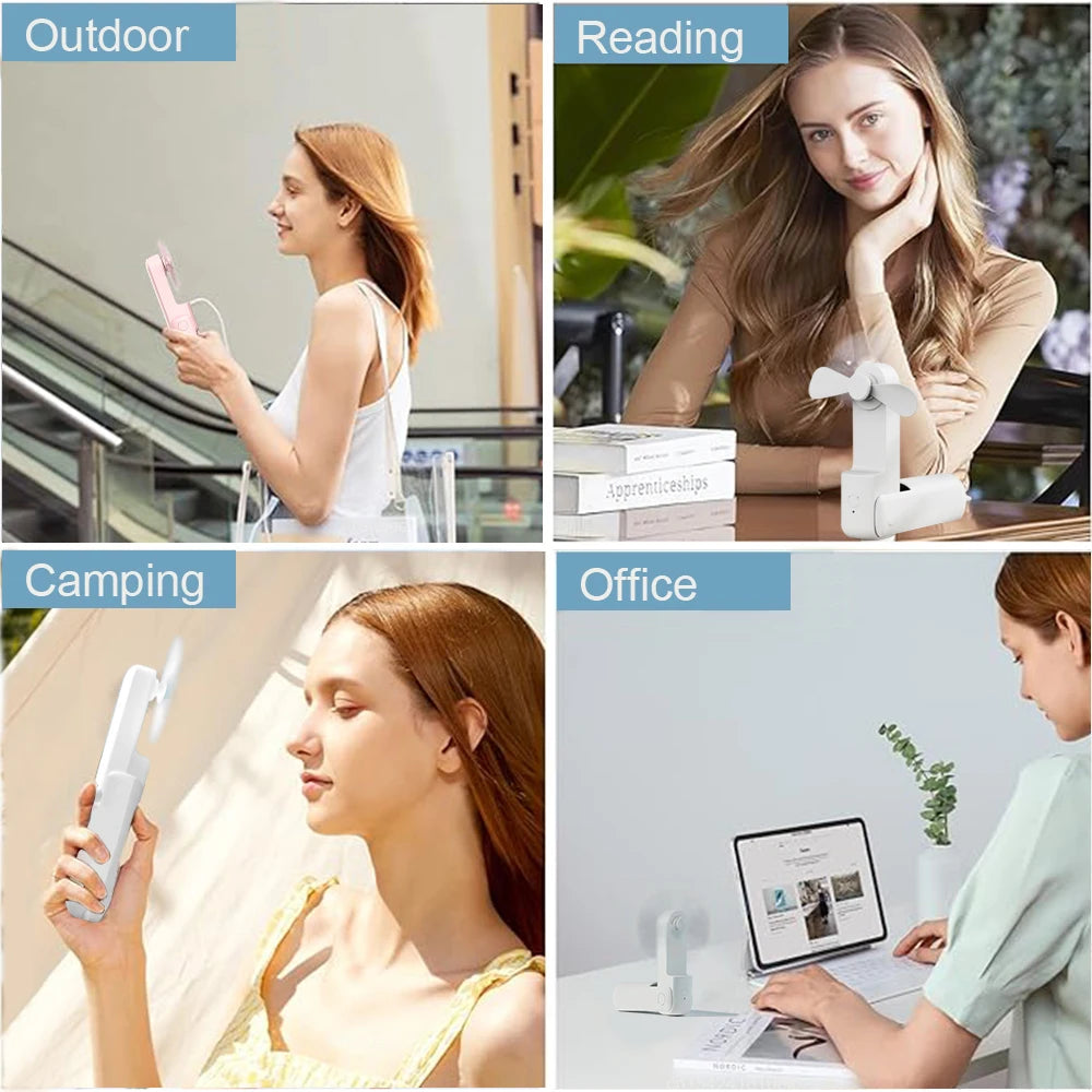 Collage of a woman using a portable fan while reading, camping, and office.