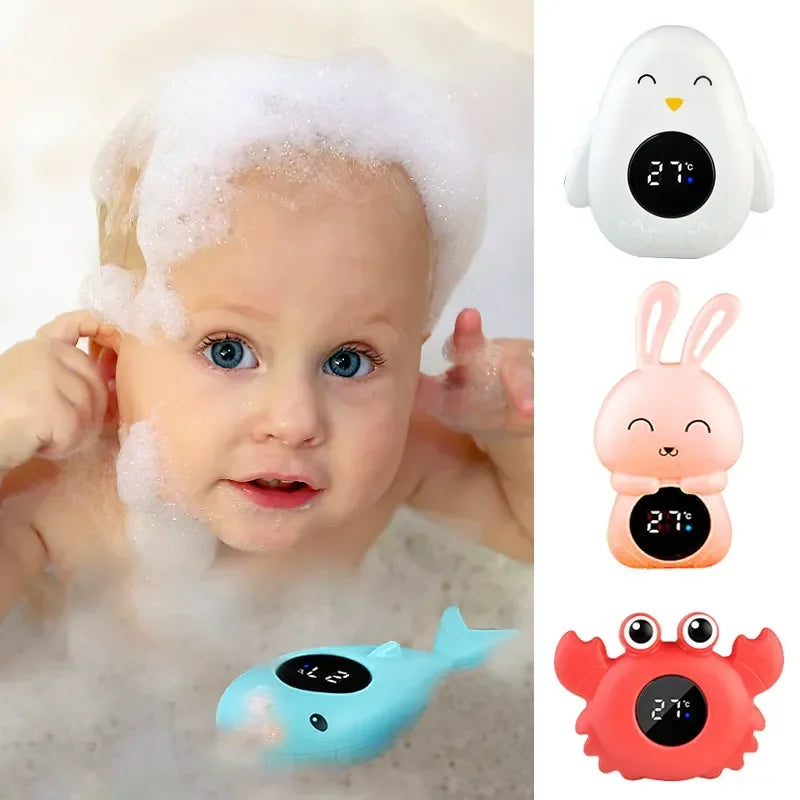 baby in bath with baby bath thermometer