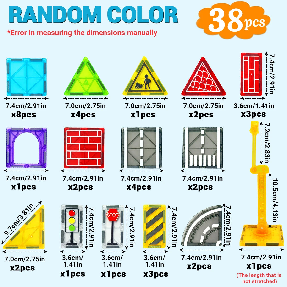 Set of 38 colorful traffic sign models with dimensions and packaging details.