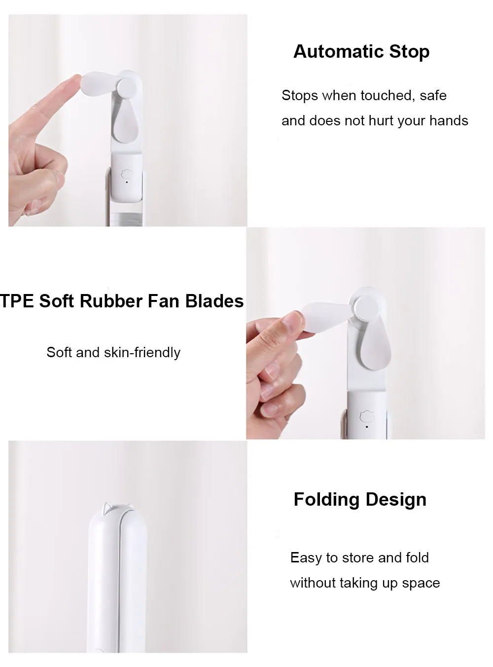 Product features including automatic stop, soft rubber fan blades, and folding design on a white background.