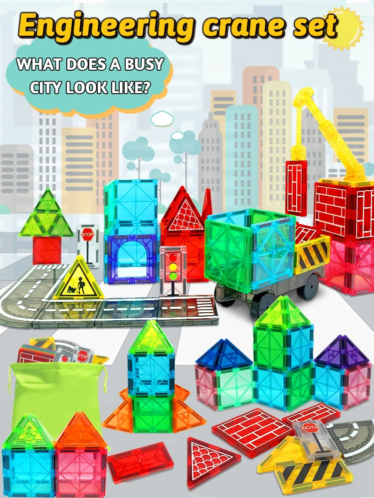 Toy crane set with colorful building blocks on a cityscape background