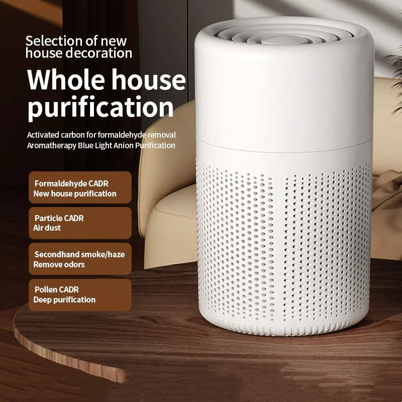 White air purifier on a wooden surface with text about whole house purification and features.