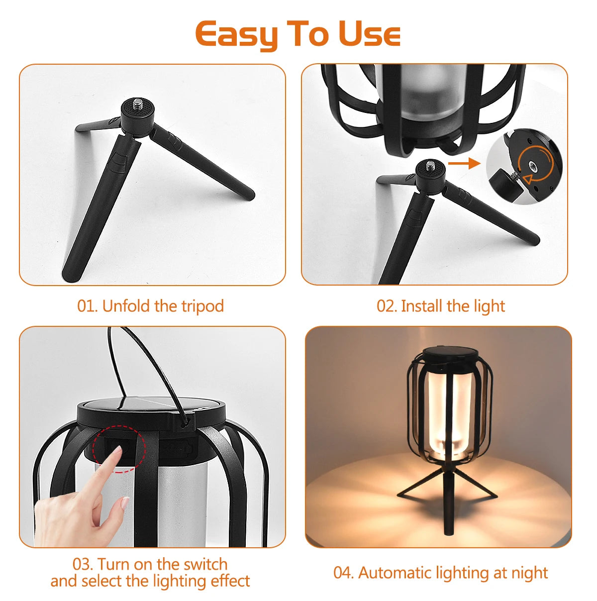 Step-by-step guide on how to use a black tripod-mounted light fixture.