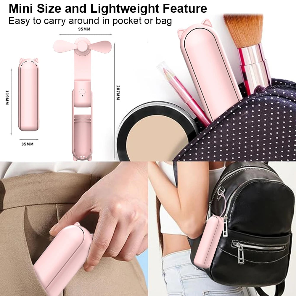 Collage of a pink makeup case, compact portable fan, and brush with text highlighting mini size and lightweight features.