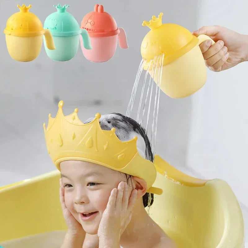 Toddler wearing crown-shaped baby shower cap during bath