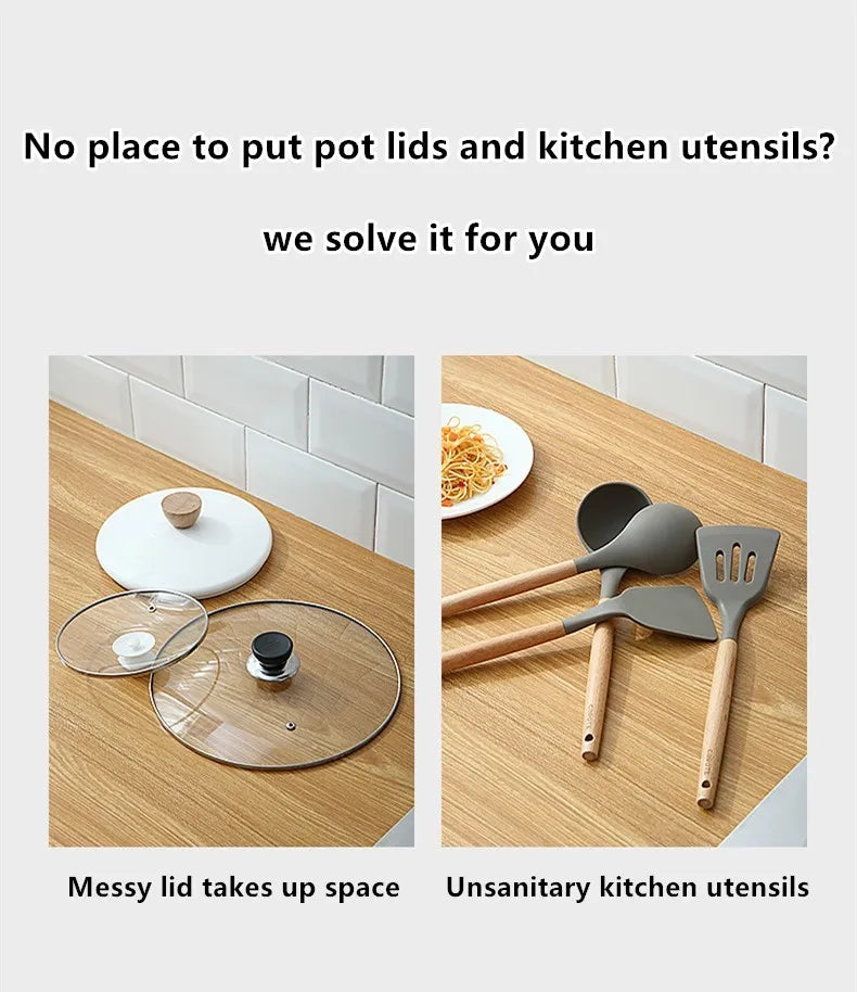 Comparison showing messy pot lids and unsanitary kitchen utensils on a countertop, highlighting the need for a lid and utensil holder solution