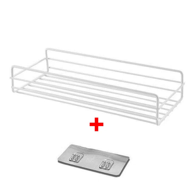 white metal spice rack with hanging hooks