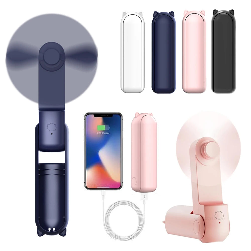Collapsible hand fan with smartphone and charging cable, shown in various colors.