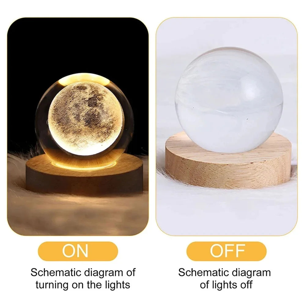 Crystal ball moon night light on wooden base shown lit and unlit side by side