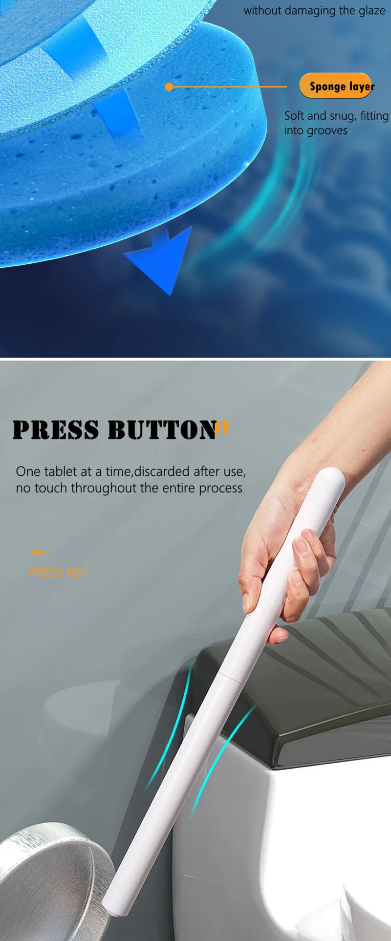 Disposable toilet cleaning tablet with sponge layer and hands-free button-release handle