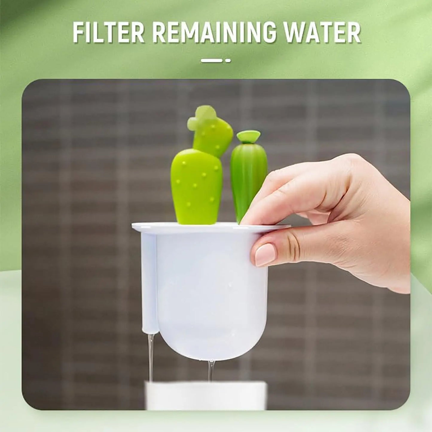 Hand holding a small white device with green cactus-like objects over a sink, with text 'Filter Remaining Water' above.
