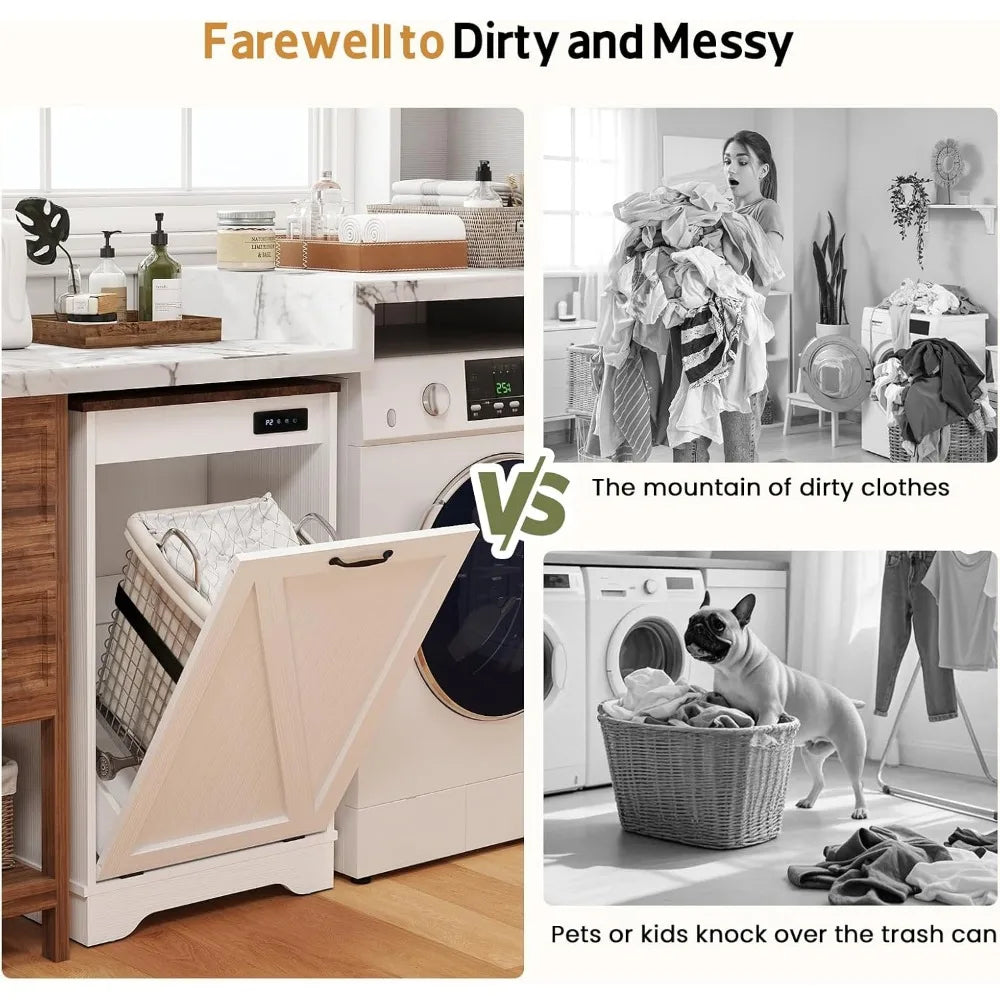 Comparison of a tidy laundry area with a trash can and a cluttered room with clothes and a dog.
