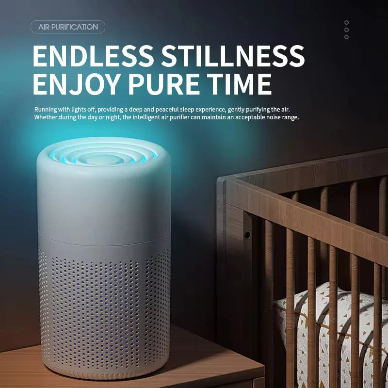 Air purifier on a wooden surface with a crib in the background, emphasizing 'Endless Stillness' and 'Pure Time'.