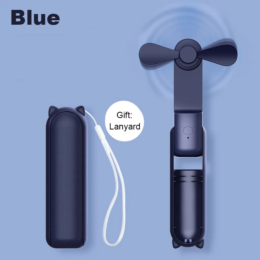Blue handheld fan with carrying case and lanyard on a blue background