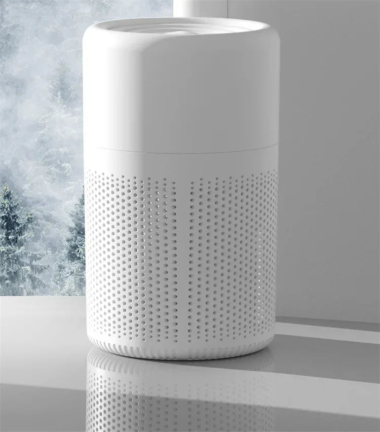 White textured air purifier on a reflective surface with a blurred background