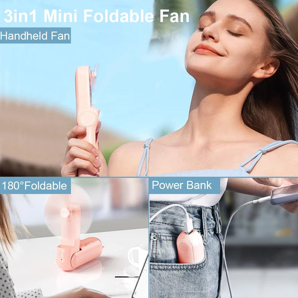 3-in-1 mini foldable fan with power bank function, shown in use and folded.