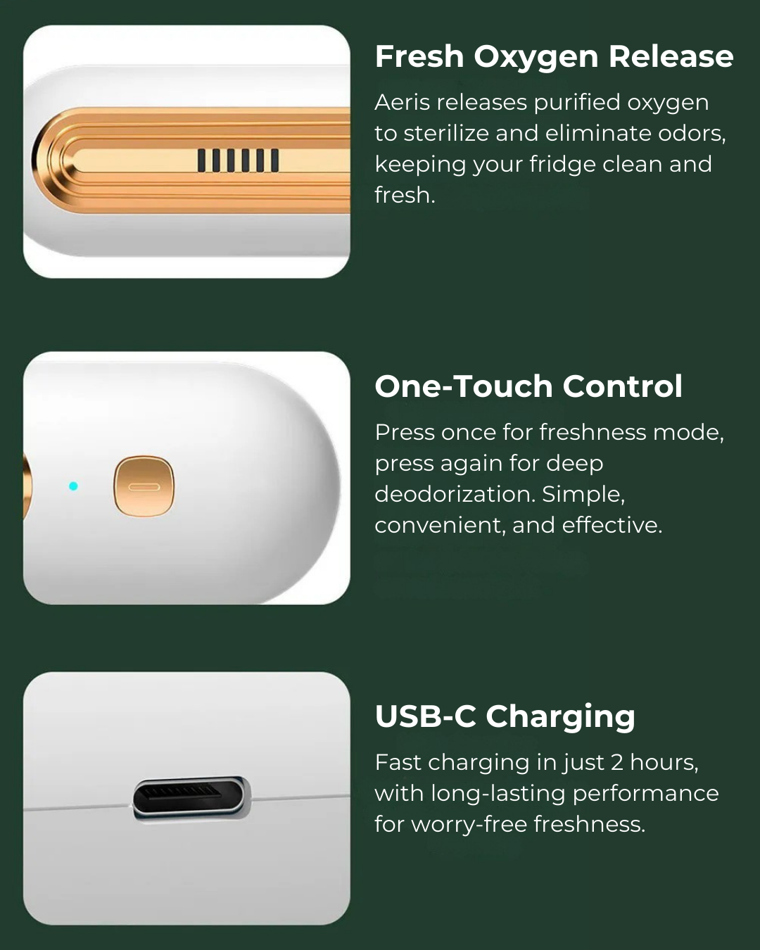 Oxygen release device with USB-C charging feature on a green background