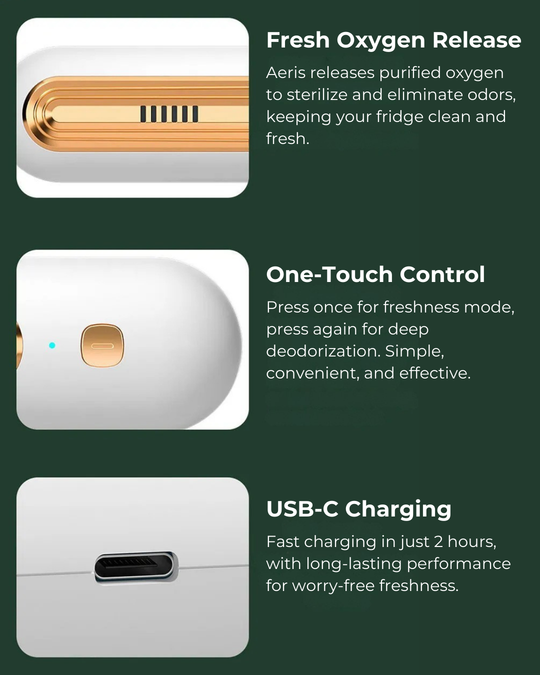 Oxygen release device with USB-C charging feature on a green background