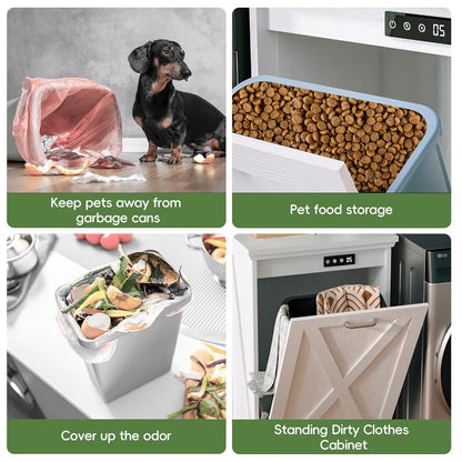 Collage of a dog near garbage, pet food storage, odor control, and cabinet with standing clothes.