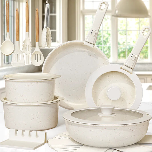 Pots and Pans Set Non-Stick, Astercook Ceramic Cookware Set with Sensor Handles, Milky white