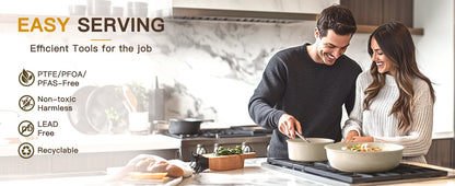 Couple using Astercook nonstick ceramic cookware with PTFE/PFOA/PFAS-free, lead-free, and recyclable properties displayed