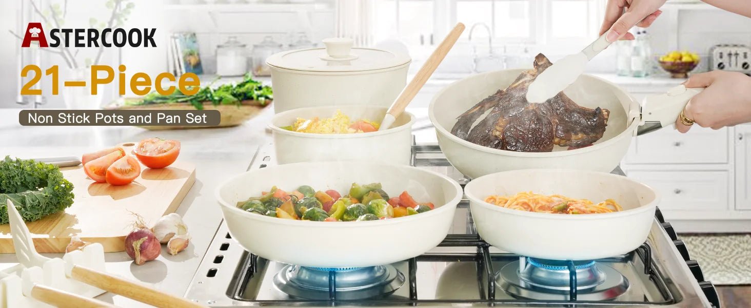 Astercook 21-piece non-stick pots and pan set in a kitchen setting.