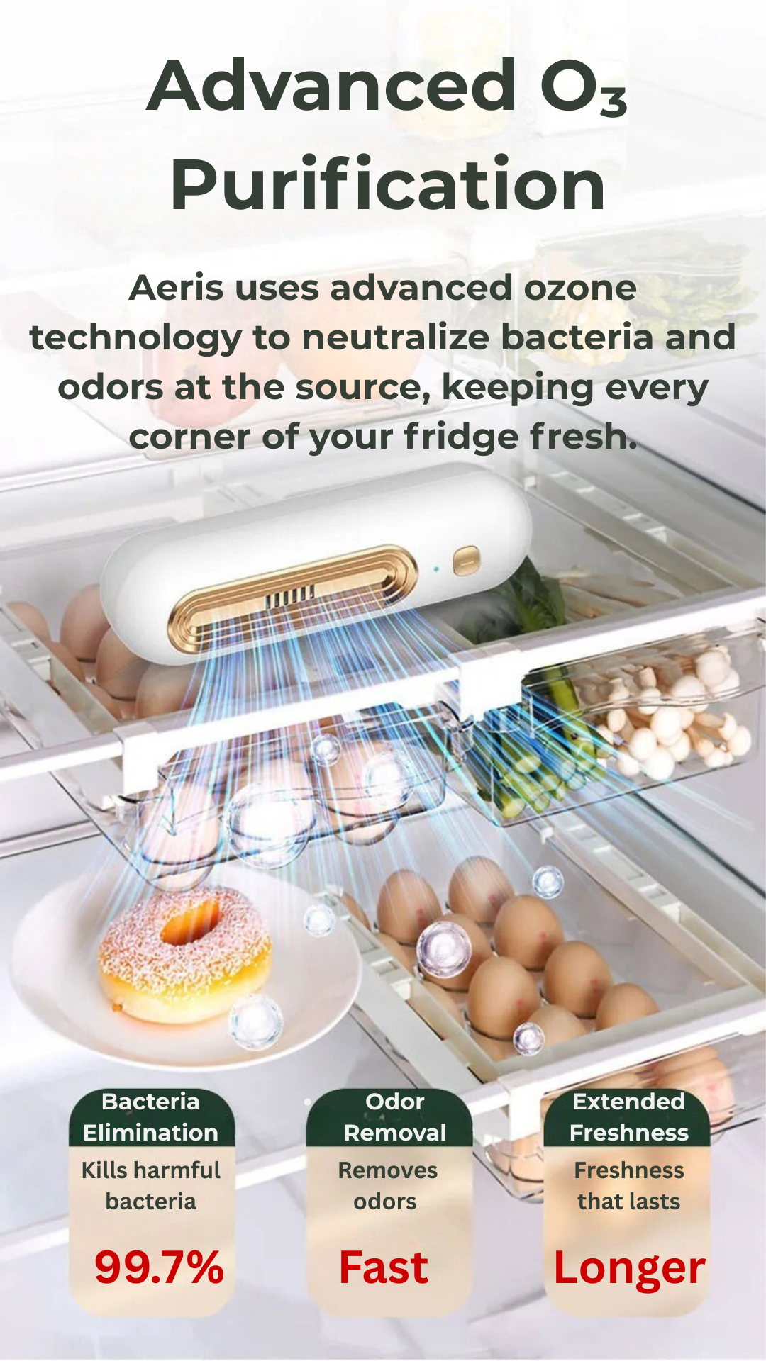Aeris advanced ozone purification system in a refrigerator with text highlighting benefits.