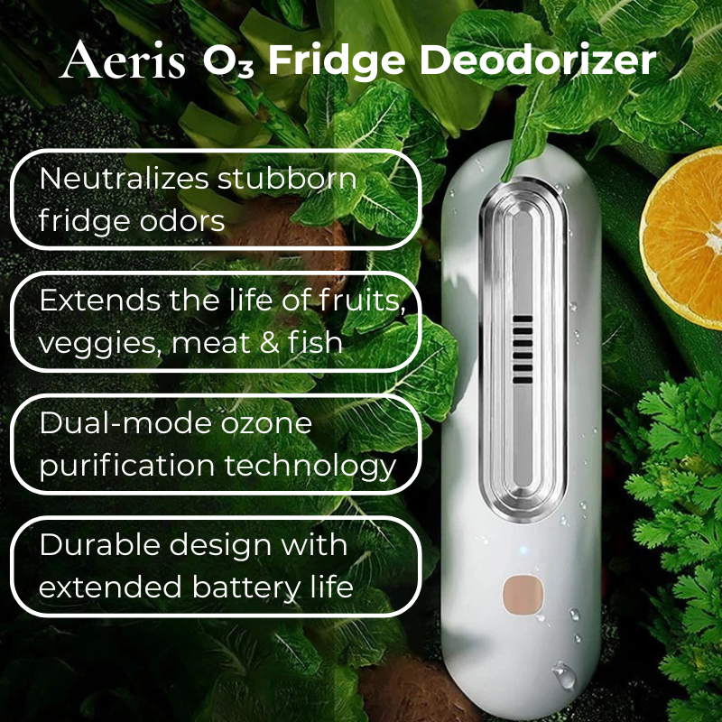 Aeris O3 Fridge Deodorizer with features listed on a green leafy background