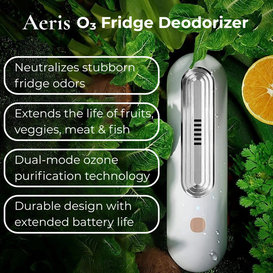 Aeris O3 Fridge Deodorizer with features listed on a green leafy background