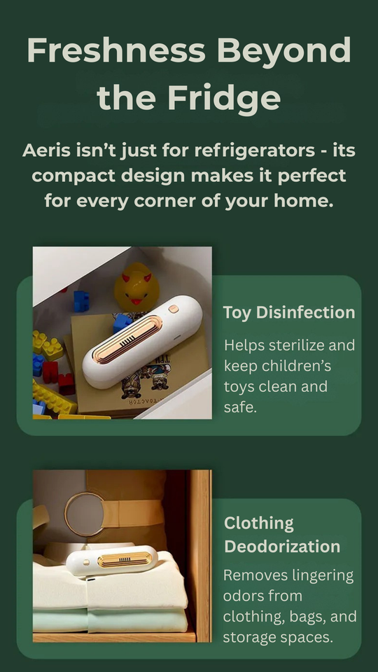 Aeris product with text about toy disinfection and clothing deodorization on a green background.