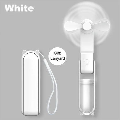 White handheld fan with lanyard on a gray background