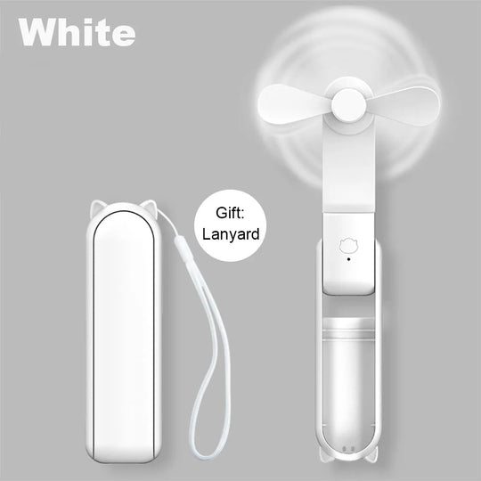 White handheld fan with lanyard on a gray background