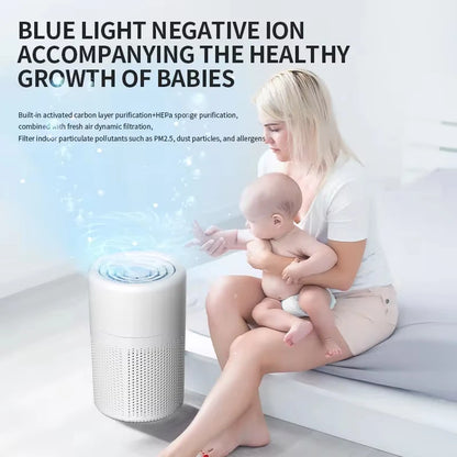 Woman holding a baby next to an air purifier with text about blue light negative ions and baby health.