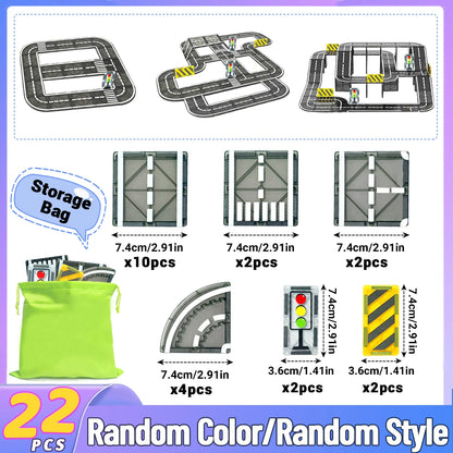 Children's toy road track set with storage bag on a white background