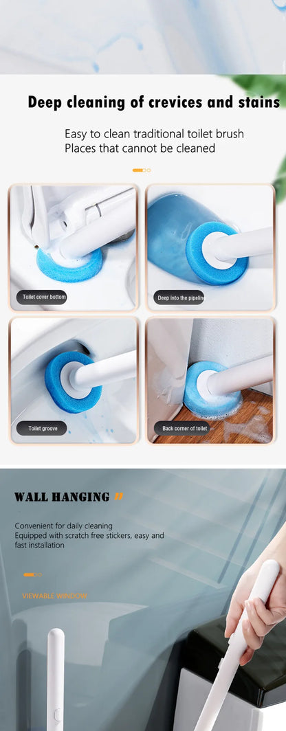 Toilet brush cleaning deep crevices with replaceable sponge head and wall-mounted storage