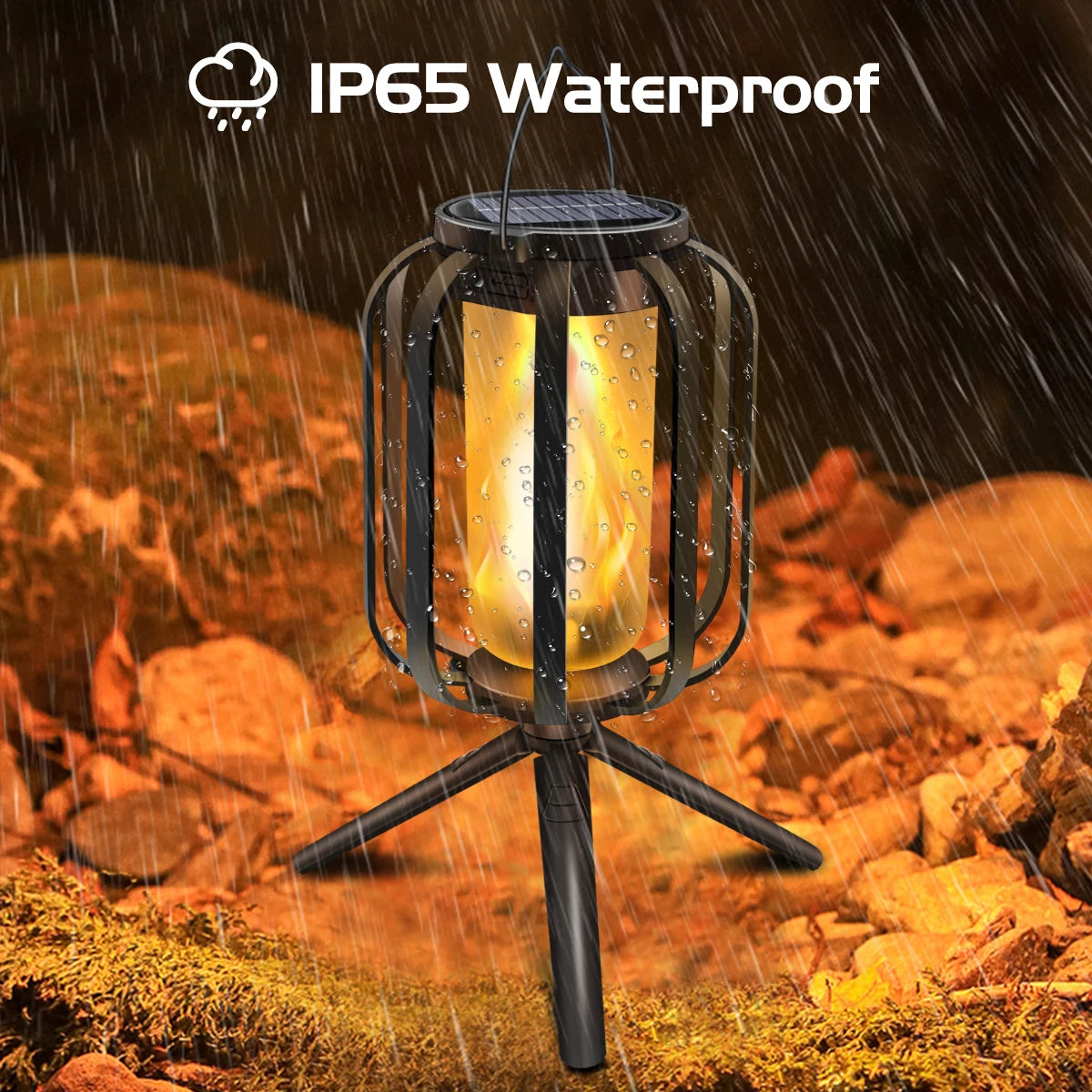 Waterproof outdoor lantern in the rain with IP65 rating displayed.