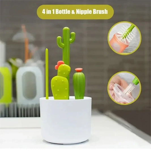 Cactus-shaped bottle and nipple brush set with additional images showing its use.