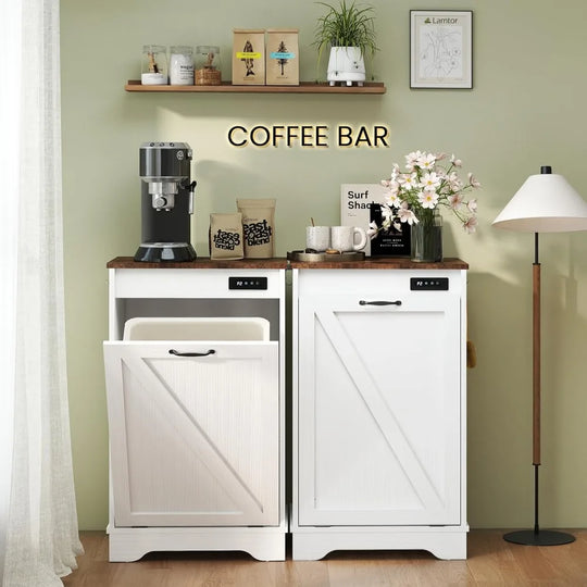 White cabinet with wooden top in a room labeled 'COFFEE BAR' with coffee-making equipment and decor.