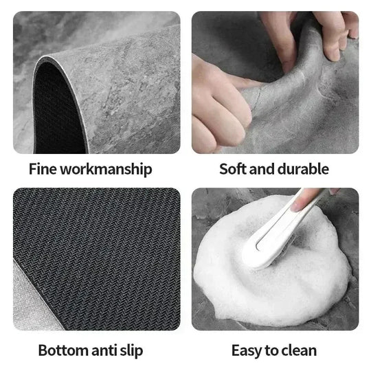 Product features including fine workmanship, soft and durable texture, anti-slip bottom, and ease of cleaning.