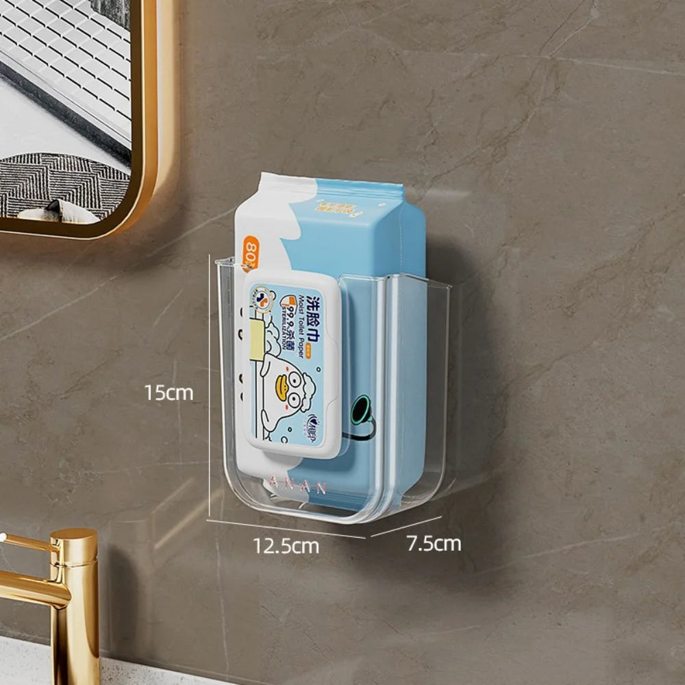 Wall-mounted organizer with cleaning wipes on a bathroom wall