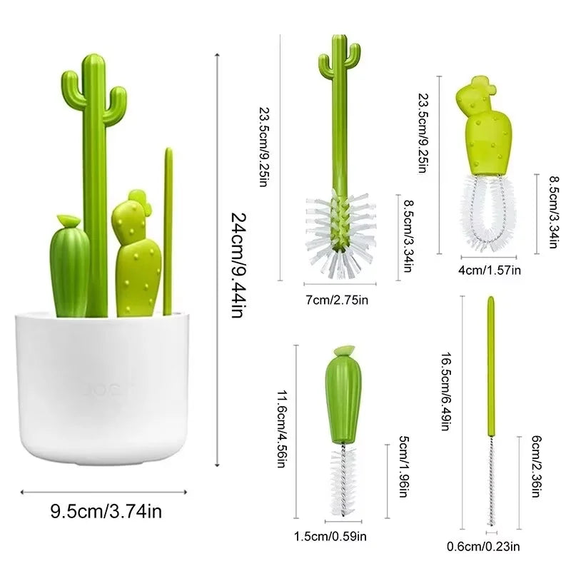 Green cactus-shaped bottle brush with measurements on a white background