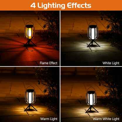 Collage of a lantern with four different lighting effects on a dark background.