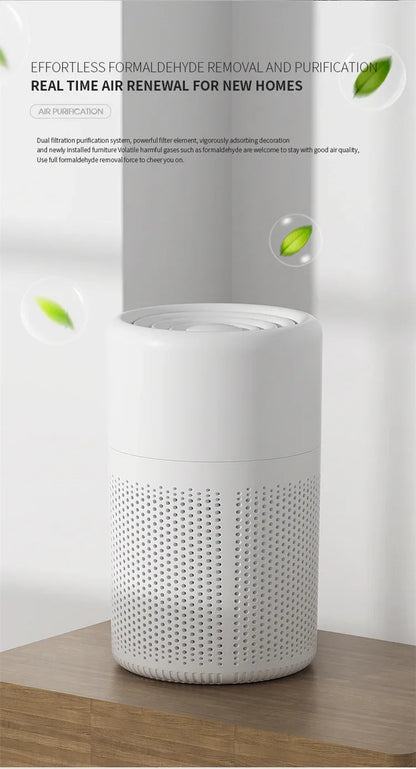 Air purifier on a wooden surface with text about formaldehyde removal and real-time air renewal.