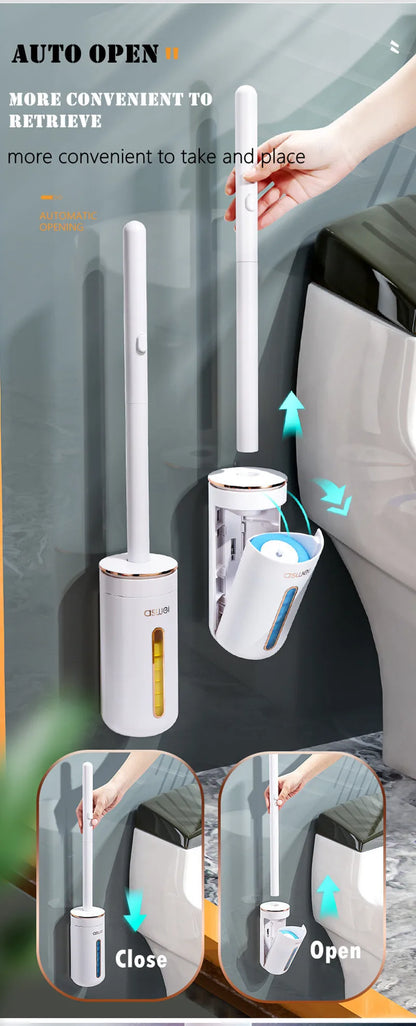 throwable toilet brush with wall-mounted auto-open holder for easy storage and retrieval