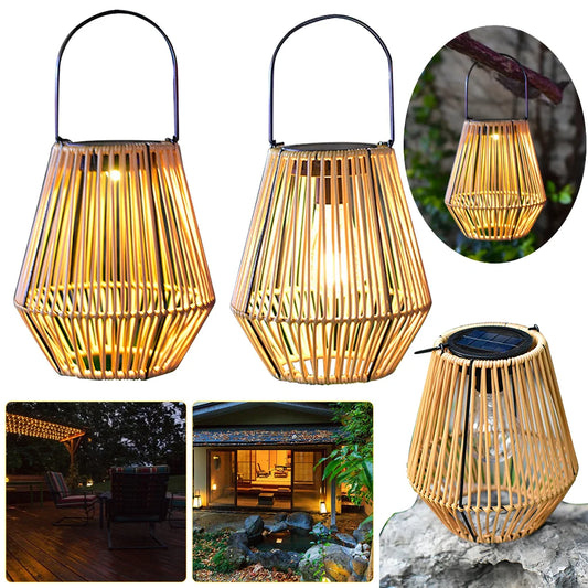 Woven bamboo lanterns with solar lights, shown in various settings.