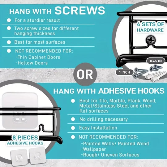 Installation options for spice rack: hang with screws or adhesive hooks