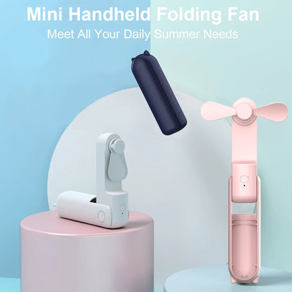 Mini handheld folding fans on a light blue background with text about meeting daily summer needs.