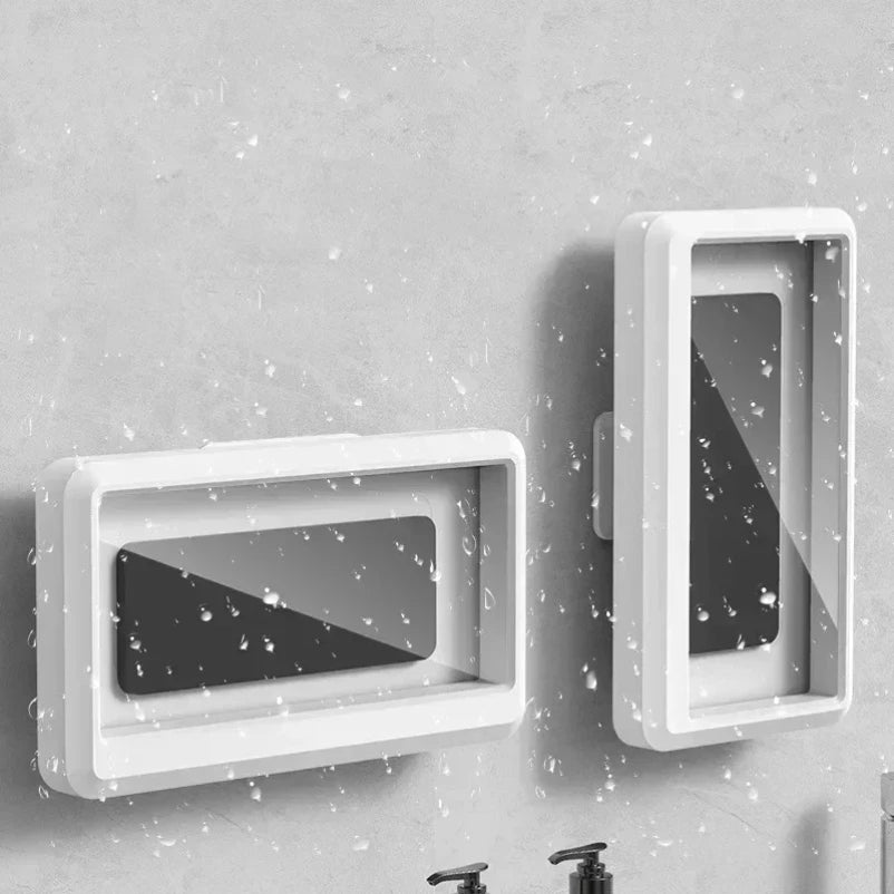 white Waterproof rotating shower phone holder mounted on bathroom wall showing different angles it can be used