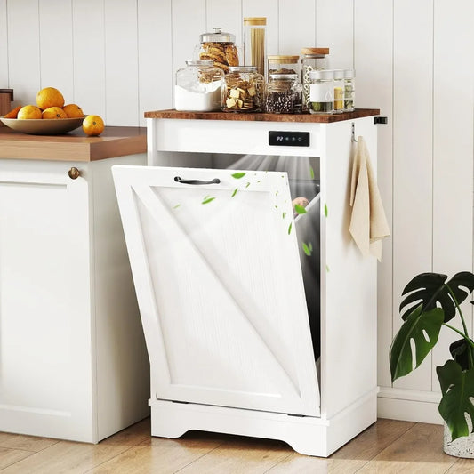 White kitchen trash bin with a transparent liner in a modern kitchen setting.