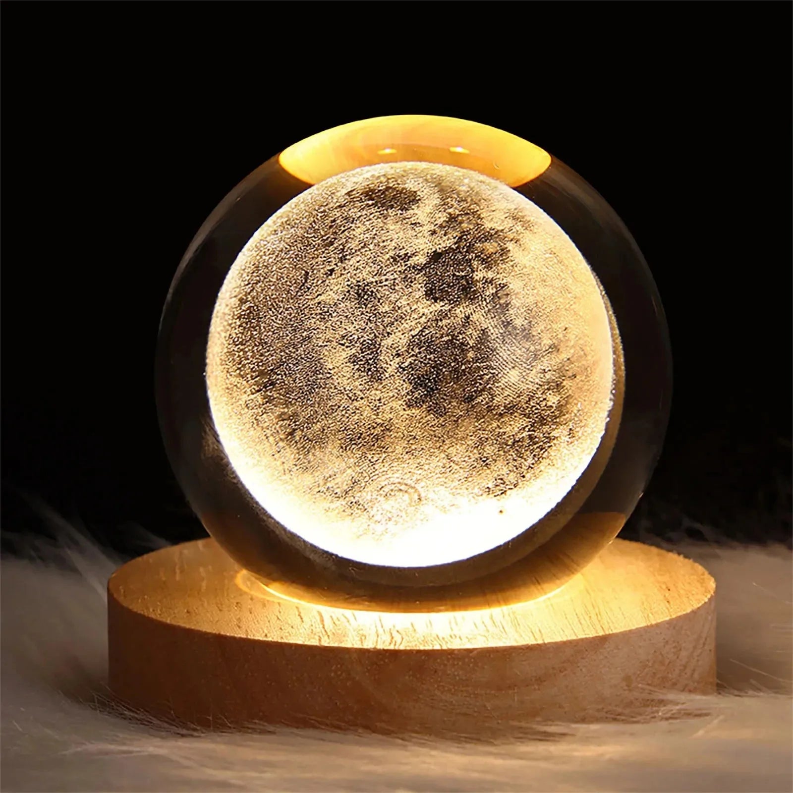 Unique 3D Crystal Ball Lamp with Galaxy and Planetary Projections on a warm wooden base